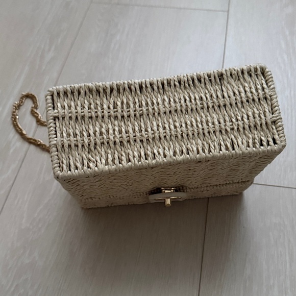 Rattan Woven Square Structured Mini Bag with Gold Chain - Picture 7 of 11